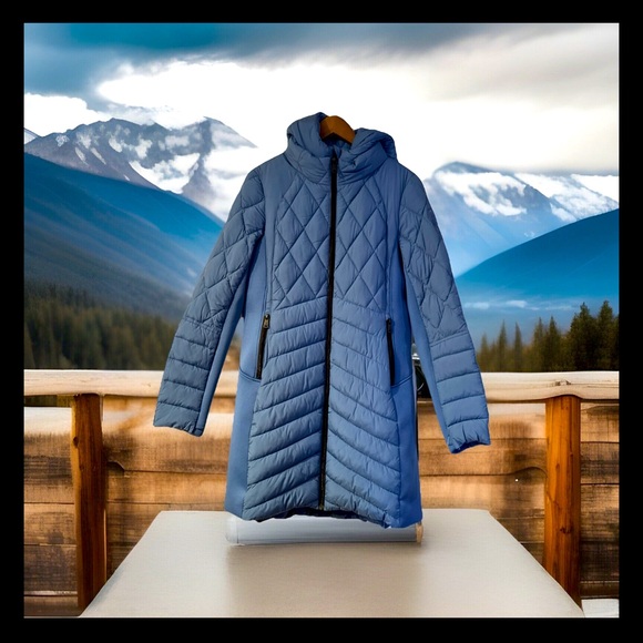 Mixed Media Water Resisant Quilted Puffer Jacket - Stone Blue